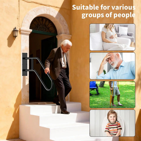Heavy Duty U Shaped Hand Rail For Outdoor Steps, Black Wall Mount Stair Support With No Sweat Install Kit, Built Tough Design For Reliable Front Porch And Backyard Deck Grip, older man using rail on outdoor stairs.