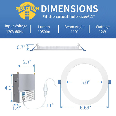 Dimensions and specifications of Ultrathin 6 Inch LED Recessed Light Kit, 12 Pack, 5000K Daylight, 1050 Lumens, 12W, ETL Listed.