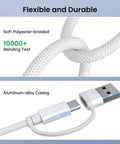 Close-up of flexible and durable 4 In 1 USB C Charger Cable With USB C To USB C And Lightning Adapters, 6.6Ft, polyester braid, aluminum casing.