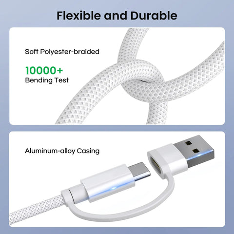 Close-up of flexible and durable 4 In 1 USB C Charger Cable With USB C To USB C And Lightning Adapters, 6.6Ft, polyester braid, aluminum casing.