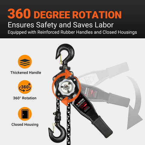 Beefy Three Quarter Ton Manual Lever Chain Hoist 1650 Lbs Capacity 10 Ft Lift with 360-degree rotation feature