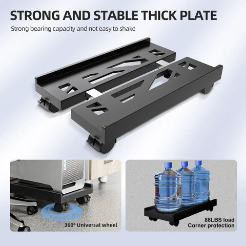 Adjustable Mobile CPU Stand With Ventilated Design, strong black plate, supports up to 88 lbs, four casters, shown with water bottles and a PC tower.