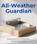 Heavy Duty All Weather EV Charging Station Cover With Tough As Nails Stainless Steel Build For Foolproof Outdoor Protection Against Nasty Rain Wind And Snow Destruction on wooden base.