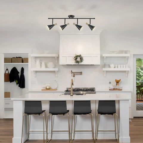 Dope Lofty Industrial Four Light Track Lighting Fixture With Pivoting Heads In Matte Black And Brass Accents in modern kitchen