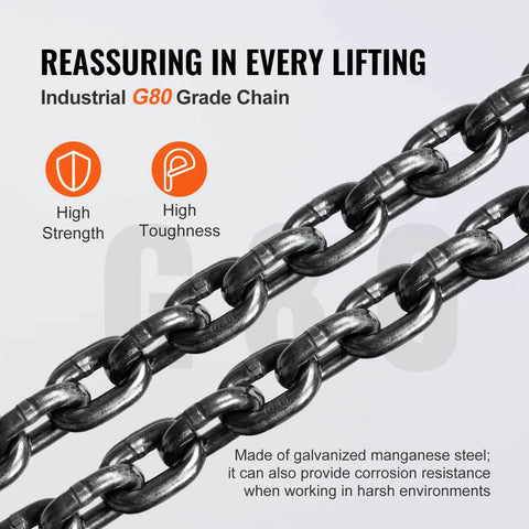 G80 galvanized chain for 1 Ton Hand Chain Hoist 20 Ft Lift 2200 Lbs, showcasing high strength and toughness, ideal for harsh environments