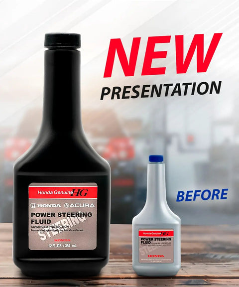 New packaging for Acura And Honda Power Steering Fluid Bundle 3 Pack Interchange 08206 9002PE with old bottle comparison