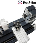 Close-up of EssSthmy 60W Mini Metal Lathe 12000 RPM Desktop Woodworking Tool parts showcasing metal construction and precision detail.