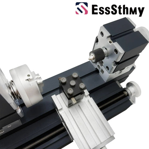 Close-up of EssSthmy 60W Mini Metal Lathe 12000 RPM Desktop Woodworking Tool parts showcasing metal construction and precision detail.