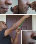Man inserting Dust Blocker Nose Filter Mask For Nose Personal Protective Disposable Dust Mask, black, in different views.