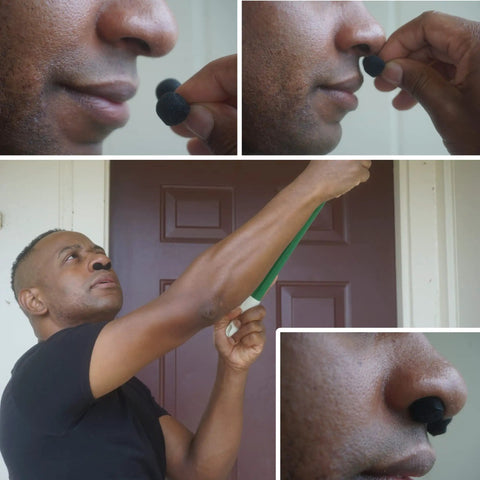 Man inserting Dust Blocker Nose Filter Mask For Nose Personal Protective Disposable Dust Mask, black, in different views.