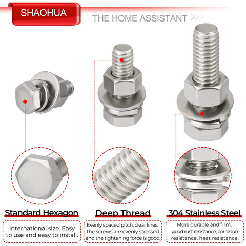 Close-up of Metric Bolt Assortment Kit 244 Pieces Stainless Steel 304 M3 M4 M5 M6 M8 M10 Hex Bolts And Nuts Set with hex head detail