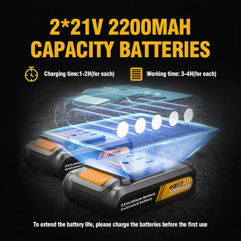 Two 21V 2200mAh capacity batteries for Powerful 14,000 PSI Cordless Grease Gun Kit With Two Batteries, 21 Inch Flexible Hose, LED Light, Variable Speed Trigger, And Makita 18V 21V Battery Compatibility For Pros And DIY Jobs