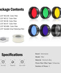 Six-Piece 1.25-Inch Telescope Eyepiece Filter Set Pro-Grade with polarizing grey filter and five planetary color filters