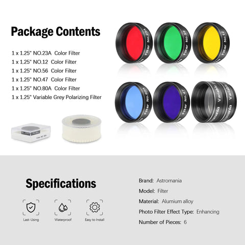 Six-Piece 1.25-Inch Telescope Eyepiece Filter Set Pro-Grade with polarizing grey filter and five planetary color filters