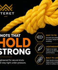 Yellow One Quarter Inch By 600 Feet Twisted Polypropylene Rope 3 Strand Pro Grade Heavy Duty Yet Lightweight 1125 Lbs Tensile Strength Ideal For DIY Projects Marine Use Camping Towing And General Commercial Applications displayed in a knotted form highlighting durability and ease of use.