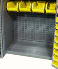 Heavy Duty Steel Storage Bin Cabinet Arrives Loaded With 156 Vibrant Yellow Plastic Bins For Garage Work Organization inside view with bins.