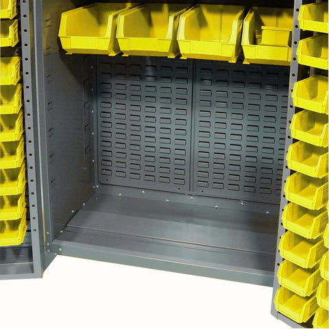 Heavy Duty Steel Storage Bin Cabinet Arrives Loaded With 156 Vibrant Yellow Plastic Bins For Garage Work Organization inside view with bins.