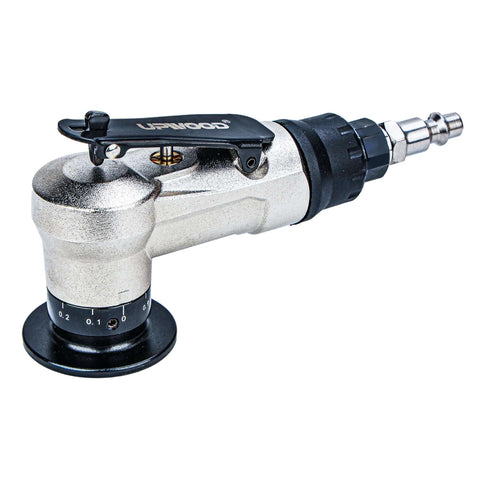 Side view of air chamfer tool, pneumatic deburring grinder with metal body and black trigger; UPWOOD branding.