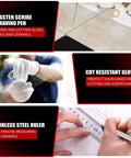 Top Shelf 9 Piece Glass Cutting Kit Features Oil Fed Scorer Running Pliers Grozing Nippers Tungsten Scribe Screwdriver Zipper Case For Smooth Stained Glass Tile Mosaic Crafting image showing tungsten scribe, cut resistant gloves, and stainless steel ruler.