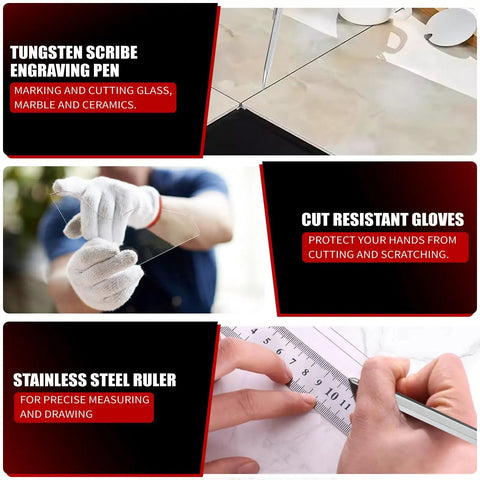 Top Shelf 9 Piece Glass Cutting Kit Features Oil Fed Scorer Running Pliers Grozing Nippers Tungsten Scribe Screwdriver Zipper Case For Smooth Stained Glass Tile Mosaic Crafting image showing tungsten scribe, cut resistant gloves, and stainless steel ruler.