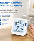 Smart Temperature And Humidity Monitor With Large Backlit LCD Screen displaying non-contact sensing feature in home setting