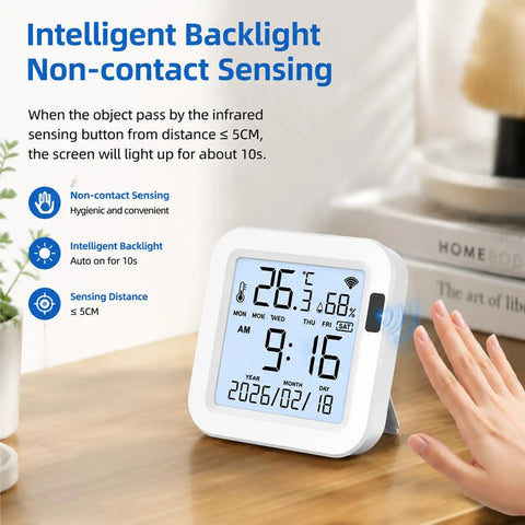 Smart Temperature And Humidity Monitor With Large Backlit LCD Screen displaying non-contact sensing feature in home setting