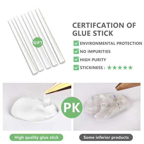High Power 150W Hot Glue Gun With 6 Copper Nozzles Temperature Adjustable DIY Craft Repair Tool Pro Melt Gun Includes 5 Pcs Highly Viscous Glue Sticks Luxury Set, certification shown with high purity and stickiness ratings.