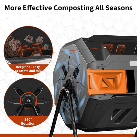 Close-up of 43-Gallon Dual Chamber Compost Tumbler With 360 Degree Rotating Design, Steel Frame, Aeration System, Dual Sliding Doors