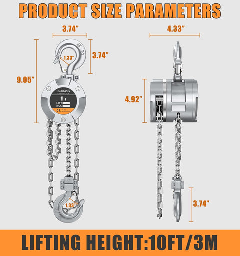 Dimensions of Beefy Aluminum Alloy Hand Chain Hoist 1 Ton Capacity 2200 Lb Portable 10 Ft Dual Brake Chain Block With Galvanized Chain
