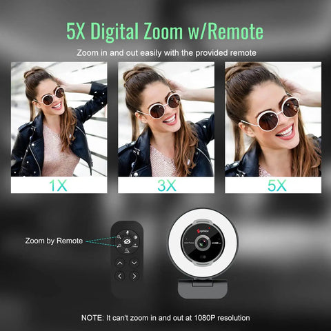 Flawless 1080p USB Webcam Featuring Built In Noise Reducing Mic And Tri Color Adjustable Ring Light image showing 5X digital zoom with remote control