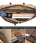 Top Tier Mens Messenger Bag Built Tough From Crazy Horse Leather And Hella Waterproof Waxed Canvas With Secure Compartments Fits 15.6 Inch Laptop For Daily Commute Work, showing interior with padded laptop sleeve and compartments.