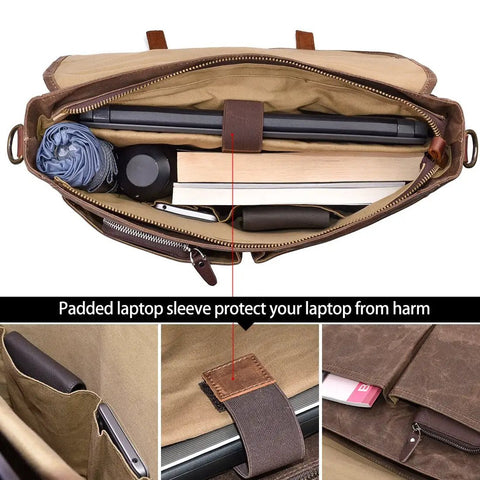 Top Tier Mens Messenger Bag Built Tough From Crazy Horse Leather And Hella Waterproof Waxed Canvas With Secure Compartments Fits 15.6 Inch Laptop For Daily Commute Work, showing interior with padded laptop sleeve and compartments.