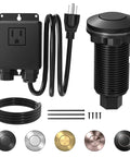Waterproof Garbage Disposal Air Switch Kit With Long Matte Black Push Button UL Listed For In Sink Install, components shown.