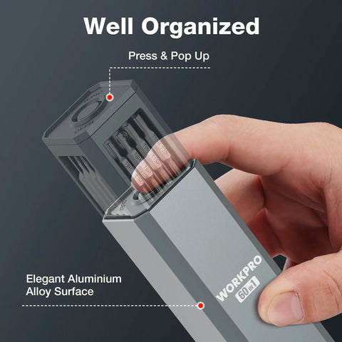 60 In 1 Precision Screwdriver Set With Magnetic Pop Up Case CRV Bits Mini Drivers For Fixing Phones Watches Laptops And Gadgets The Real Deal For Any Electronics Repair Job 360 Spin Head Design showing organized aluminum case opening.