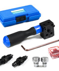 Front view of SMOTIVEPRO 7-piece brake line flaring tool kit with blue case, handle, dies and SAE adapters