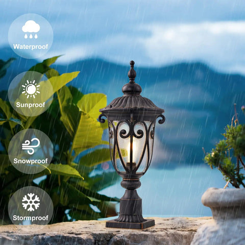 Vintage Outdoor Post Light With Pier Mount 24 Inch High Yard Lantern in Antique Bronze in rain with waterproof icons