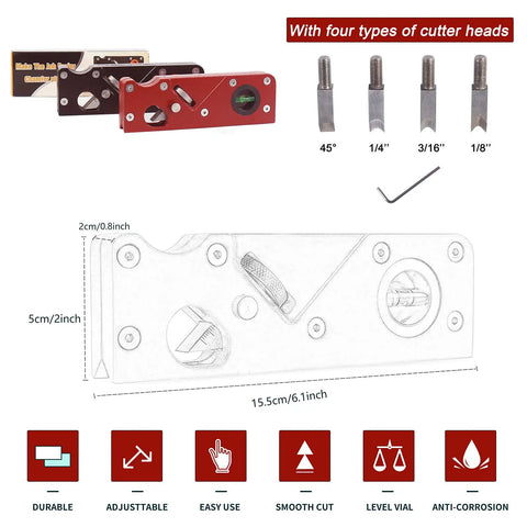 Chamfer Planer For Woodworking, Quick Edge Bevel Tool With Four Cutter Head Options, shown with dimensions and features.