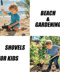Child using Two Pack Kids Beach Shovels For Sand Digging, Lightweight Metal Spade Garden Tools For Boys And Girls, outdoor play.