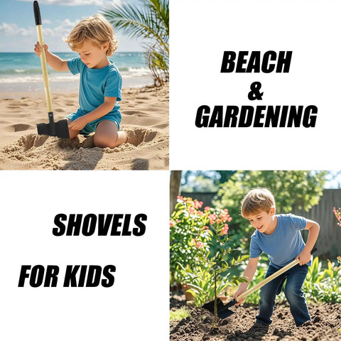 Child using Two Pack Kids Beach Shovels For Sand Digging, Lightweight Metal Spade Garden Tools For Boys And Girls, outdoor play.