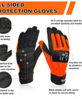 Pro Grade Chainsaw Gloves For Full Hand Protection With Cut Resistant Tech EN ISO 11393 4 Class 1 EN 388 4122X CAT III Module B And Module C2 featuring black and orange design with EVA padding and Velcro cuff.