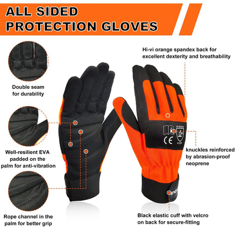 Pro Grade Chainsaw Gloves For Full Hand Protection With Cut Resistant Tech EN ISO 11393 4 Class 1 EN 388 4122X CAT III Module B And Module C2 featuring black and orange design with EVA padding and Velcro cuff.