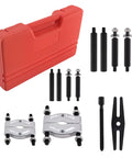 Thinking Process: 12-piece 5 ton bearing puller tool kit with steel jaws, extension screws, and red storage case