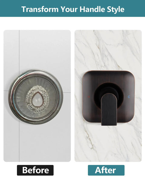 Upgrade Your Bathroom with This Replacement Square Trim Kit for Moen Chateau Shower Valve Designed With Pull On Push Off Knob Handle In Sleek Oil Rubbed Bronze Finish For Easy Hot Cold Water Control Without The Cartridge. before and after square shower trim kit in oil rubbed bronze with H and C labels