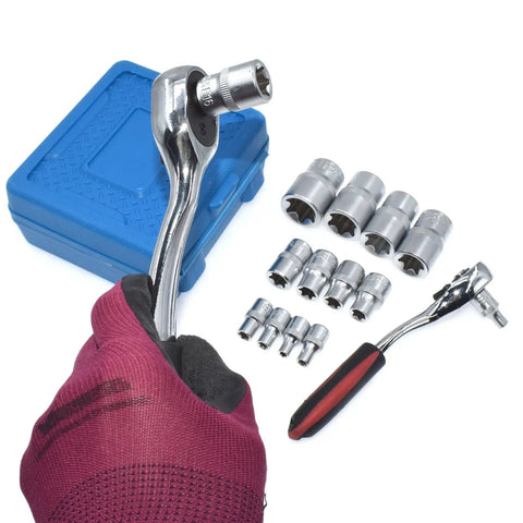 14-Piece E-Torx Socket Set For 1/4, 3/8, And 1/2 Inch Drives, sockets with blue case and ratchet