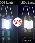 Comparison of COB and LED lanterns, showing two collapsible black lanterns with handles, highlighting light differences.