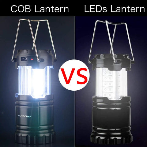 Comparison of COB and LED lanterns, showing two collapsible black lanterns with handles, highlighting light differences.