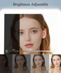 Rechargeable Travel Makeup Mirror With 72 LED Lights demonstrating adjustable brightness feature on woman's face
