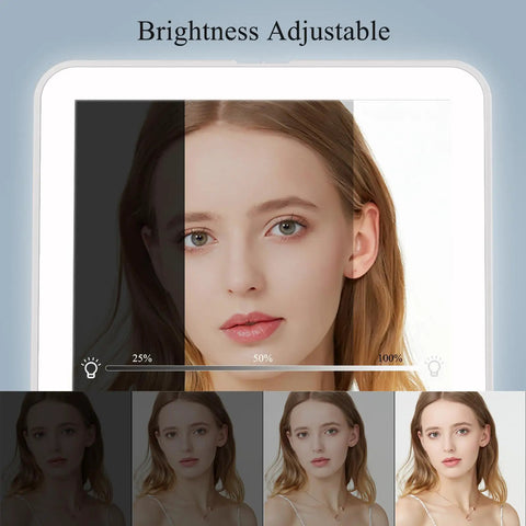 Rechargeable Travel Makeup Mirror With 72 LED Lights demonstrating adjustable brightness feature on woman's face