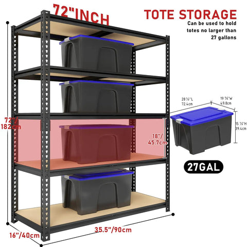Beefy Heavy Duty Garage Shelving Rack 5 Tier Industrial Metal Storage Unit With 2400 Lbs Capacity Adjustable Shelves 16 D By 36 W By 72 H Black