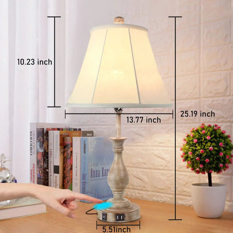 Cozy Farmhouse Style Table Lamp With Touch Control And 3 Way Dimming, modern light with beige shade, USB ports, and built-in outlet